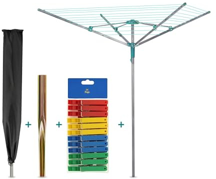 4 Arms 50m Rotary Airer Clothes Line For Laundry Drying Washing Outdoors Garden | Heavy Duty | Washing Line With Free Ground Spike, 24pcs Clothes Pegs and Cover