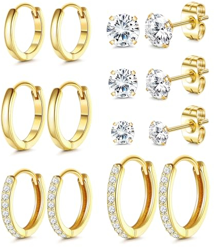 Ohrringe Gold, 316L Chirurgenstahl Steckerstift Ohrstecker & Creolen Gold Set | 18K Vergoldetes Hypoallergene Cubic Zirkonia Ohrstecker & Knorpel Ohrring Huggie Creolen Klein für Damen, 7 Paar