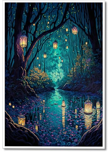 Anslipswar Fantasy andlig skog kanvas väggkonst, magiska coola lyktor på träd blå affisch för rum estetisk, fe underland mörk natt eldflugor flod bild tryck dekor 61 x 91 cm ej inramad