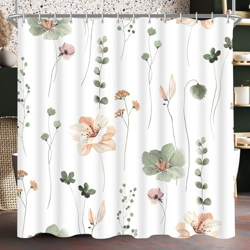Lerores Tenda per Doccia 240x200 cm Salvia Verde Fiore, Fondo Pesante Antimuffa, Idrorepellente, Lavabile in Poliestere Tende da Bagno con 16 Occhielli e Anelli per Doccia per Bagno, Vasca da Bagno