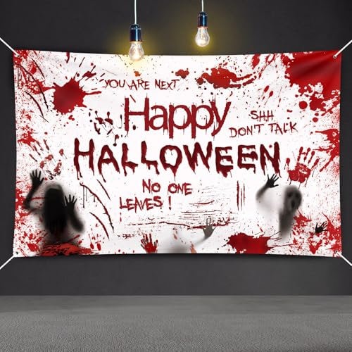 Bigqin Striscione per decorazioni di Halloween, 180 x 110 cm, striscione di Halloween, bandierine per sfondo di Halloween, arazzo con impronte di mani insanguinate, panno di sfondo di Halloween per