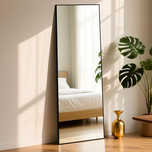 ABXMAS Großer Spiegel mit Aluminiumrahmen Schwarz 163x53cm, Robuste Wandspiegel an der Wand montierter, Anlehnen oder Freie Platzierung Standspiegel mit Klammer