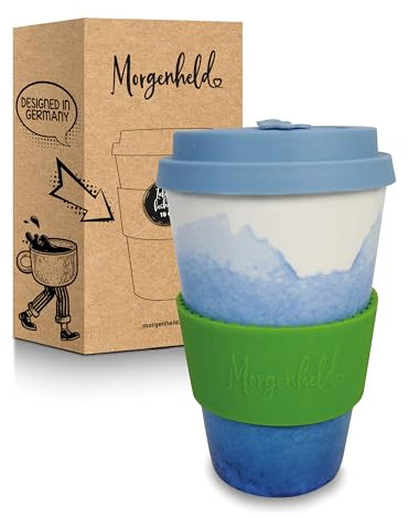 Morgenheld Coffee-to-go Gobelet « Holi_blue » 380 ml | Tasse à café en porcelaine avec couvercle en silicone sans BPA | Gobelet durable avec couvercle | Emballage sans plastique | Parfait pour le café