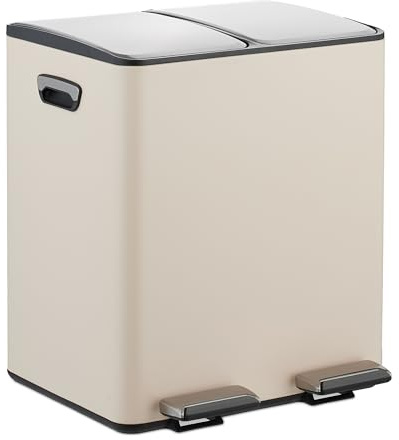 Relaxdays Cubo Basura Doble, 2 Compartimentos 15 litros c/u, Botes Interiores Extraíbles, Pedal, Cocina, Beige/Plateado