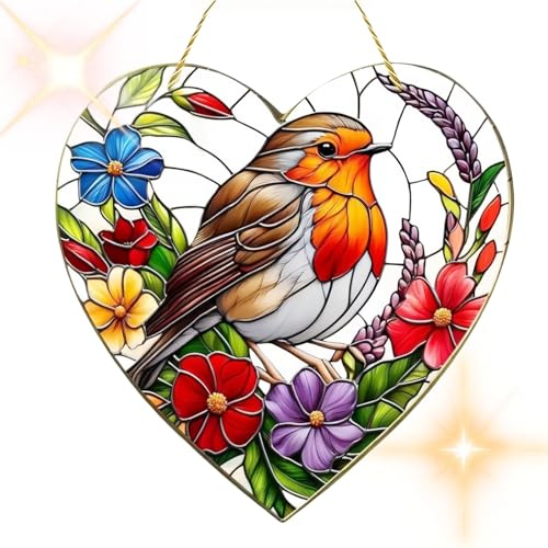 20x20CM Large Heart-Shaped Robin Stained Glass Suncatcher,2D Window Sun Catcher,Acrylic Hanging Garden Suncatcher Robin on Branch,Sun Cat/Cher Large Heart,Colorful Bird Ornament for Home,Win/dow