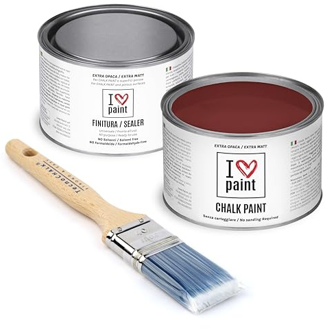 I Love Chalk Paint – Kit Completo Vernice, Finitura e Pennello - Pittura Senza Carteggiare – Colore Rosso Ossido (375ml Chalk Paint + 375ml Finitura + Pennello 40mm)