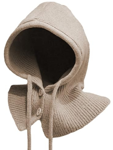 Vossmi Bonnet Femme Hiver Chaud Chapeau et écharpes Tricotés Capuche Amovible Femme avec Bouton Cagoule Echarpe 2 en 1,Kaki Taille Unique