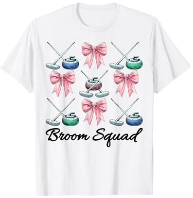 Broom Squad Curling Stone Player Girl Mom Coquette Bow T-Shirt