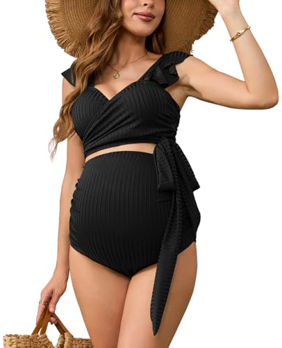 novachic Maternity Two Piece Swimsuit Ruffle Sleeve Ribbed Bikini Set High Waisted Maternity Bathing Suit Pregnancy Swimwear,Black L