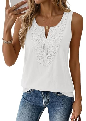 Yousify Womens Tank Tops Cotton Linen Boho Tops for Women V Neck Sleeveless Lace Shirts Loose Fit Blouse Clothes White