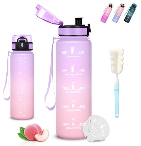 Mujigaga Borraccia 1 litro, Borraccia Palestra, Senza Perdite, Borraccie Motivazionale, Facile da Pulire, Borraccie Trekking, con Scovolino in Spugna, Water Bottle per Campeggio, Escursionismo