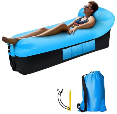 Inflatable Lounger Air Sofa with Portable Carry Bag, Waterproof Anti-Leak Air Couch with Headrest & Side Pockets, Portable Lazy Lounge Chair for Camping, Beach, Garden and Outdoor Relaxation, Blue