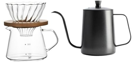 Cafetera Con Gotero Y Tetera Con Cuello De Cisne De Acero Inoxidable Manual, Juego De Cafetera For Verter Sobre Cafetera, Olla De Vidrio Con Filtro(Set A)
