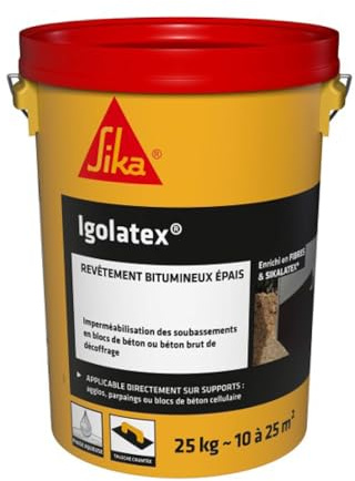 SIKA - Revêtement d'imperméabilisation bitumineux pour les soubassements - Igolatex Noir - Protection des bétons contre les agressions chimiques - Application facile - 25kg