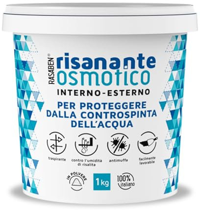RASABEN -Risanante Osmotico, Stucco in Polvere per Risanamento di Murature Umide e Impermeabilizzare Pareti e Pavimenti, Antimuffa e Traspirante, Uso Esterno e Interno, Made in Italy, Barattolo da 1kg