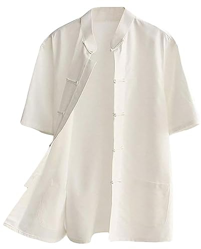 G-like Chinesische Tangzhuang Herren Hemden - Traditionelle Kostüme Kampfkunst Kung Fu Tai Chi Outfit Uniform Kurzärmelige Oberbekleidung Jacke Sommerkleidung für Männer – Baumwolle (Weiß, M)