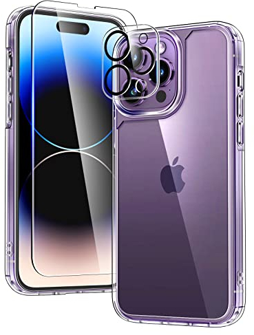 TAURI 3 in 1 für iPhone 14 Pro Hülle 6,1 mit 2 Stück Panzerglas Schutzfolie, Schutz nach Militärstandard, [Anti-Vergilbung] Stoßfest Transparent Handyhülle - Durchsichtig