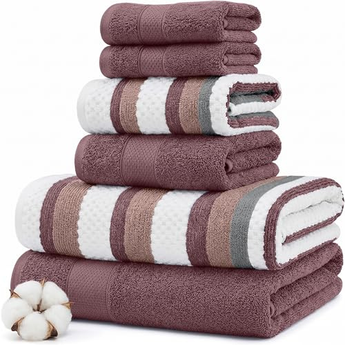 Modern Threads Pax Lot de 6 Serviettes Jacquard réversibles en Fil Teint – Serviettes de Bain, essuie-Mains et débarbouillettes – Super absorbantes et à séchage Rapide – 100% Coton peigné – Bois de