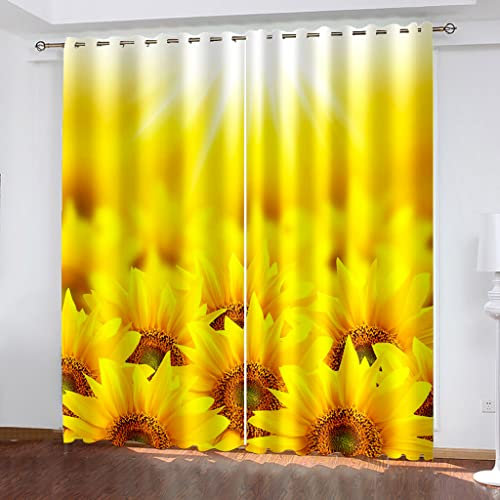 Gardinen Schlafzimmer Wohnzimmer Verdunkelungsvorhang Digitaldruck 3D Gelbe Sonnenblumenblüten Blickdicht Vorhänge Kinderzimmer Thermovorhang Mit Ösen 270X244Cm (Bxh) 2Er Set