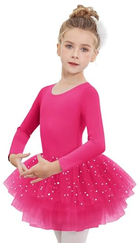 Zaclotre Girls Ballet Leotards 4-Layers Tiered Long Sleeve Dance Tutu Dresses Party Costumes for Ballerina Hot Pink