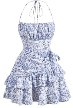 GORGLITTER Women's Floral Print Halter Neck Ruffle Mini Dress Sleeveless Flowy Beach Vacation Cami Dresses Blue and White S