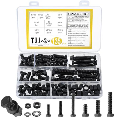 135 Pcs M6 M8 Juego de Tornillos y Tuercas Hexagonales, Tornillos con Cabeza Hexagonal, Pernos Hexagonales y Tuercas y Arandelas, Tornilleria Tornillos de Máquina Hexágono Tornillo Hexagonal, Negro