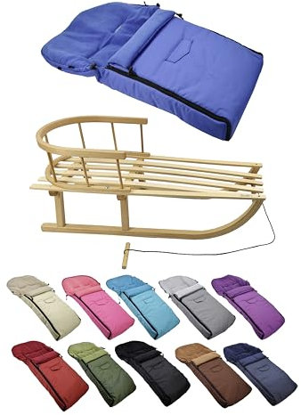 BambiniWelt Holzschlitten mit Rückenlehne & Zugseil + Winterfußsack 90 cm – warmes Thermofleece, wasserabweisend – Kombi-Set für Kinderwagen & Buggy Farbe: blau
