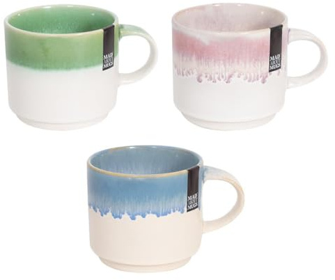 Set of 3 Reactive Glaze Stoneware Coffee Mugs Tea Cups Home Pink Green Blue Heavy Dishwasher Safe Kitchen Stackable Mug Set