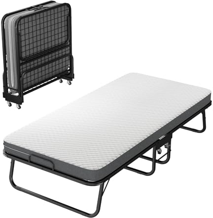 FUOIDYE Cama plegable de viaje con 4 ruedas, cama plegable de 90 x 190 cm para adultos con colchón de espuma viscoelástica de 10 cm, fundas para el polvo, cama de metal de hasta 200 kg (negro con