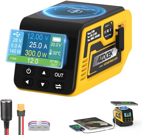 Azocek 300W Adjustable Voltage Regulator Compatible with Dewalt 20V Battery | No Battery, 2–30V DC Adjustable Output, Up to 25A, 140W Type-C PD Fast Charging, 15W Wireless Charger, 1.9 LCD Display