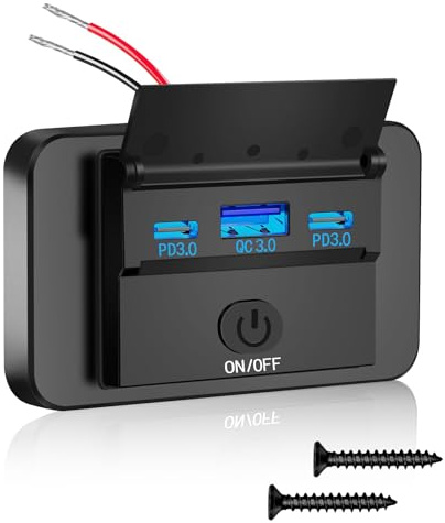 Daakro USB-laddningsuttag 12 V billaddare 72 W dubbel PD3.0 typ C & QC3.0 USB | Mobiltelefonsnabbladdare vattentät med strömbrytare för 12 V/24 V husvagnar, bilar, motorcyklar, lastbilar