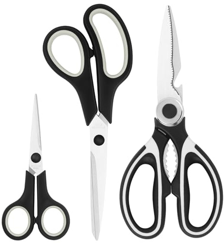 Asdirne Küchenscheren mit scharfen Edelstahlklingen und weichen Griffen, multifunktionales Scheren-Set, 3-teilig, Schwarz/Grau