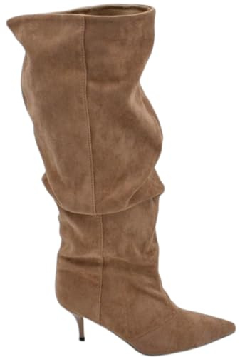 Stivale Alto Slouchy camoscio Beige Donna Linea Basic con Tacco a Spillo Kitten 5 cm Gambale Over a Punta Zip (38 EU)