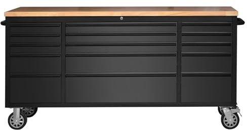 ExploreHorizon 72 Heavy-Duty Rolling Tool Chest & Garage Workbench with 15 Drawers, Steel Cabinet, Rubber Wood Top, Key Locking System, Drawer Liners, On Wheels for Warehouse Repair Shop, Black