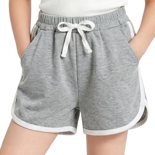 Keyck Pantaloncini da Sportivi per Ragazze con Tasche Cotone Pantaloni Corti Sportivi Shorts da Ciclismo per Bambini Casual Estivi Danza Gym Running Traspiranti Shorts per Ragazza 10-12 Anni, Grigio
