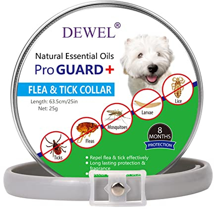 DEWEL Collar Antiparasitario de 8 Meses Protección prar Perros, Collar contra Pulgas Garrapatas Mosquitos Piojos y Larvaes, Tamaño Único Ajustable 63,5cm para Todas Las Razas, Gris, 1 Unidad