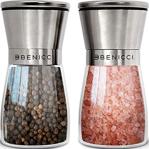 Stainless Steel Salt and Pepper Grinder Set of 2 (5oz) – Manual Adjustable Ceramic Mills – Grinders with 5 Coarseness Levels – Refillable Glass Shakers, No Batteries – Includes Spoon & Brush