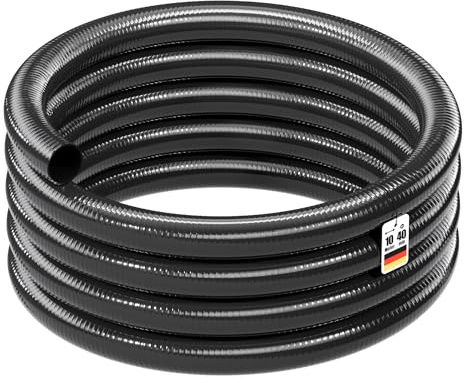 Wiltec Tuyau d'aspiration noir – 10 m/Ø 40 mm (1 1/2) / 610 g/m – avec Spirale de renforcement – Tube à pression souple en PVC – pour Arrosage Irrigation Jardinage Évacuation Refoulement
