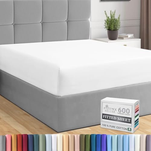 Pizuna Pure Combed Cotton Fitted Sheets Double White, 600 Thread Count 100% Long Staple Cotton Fitted Bed Sheets Double 140x200 cm, Sateen Weave 40 cm Deep Fitted Sheets 1 PC White