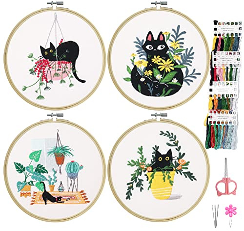 Koomon 4 Set Embroidery Starter Kits for Adults with Cat Animal Patterns and Instructions, Beginner Stamped Cross Stitch Kits with Embroidery Cloth, Bamboo Hoop, Needles and Scissors,UK-E-4ZHIC
