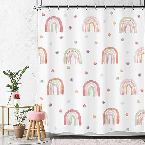 Ufeela Kids Rainbow Shower Curtain for Girls, Boho Pink Polka Dot Shower Curtain, Cute Girly Toddler Nursery Child Bathroom Set Modern Minimalist Aesthetic Curtain Bathtub Accessories Decor 60Wx72L