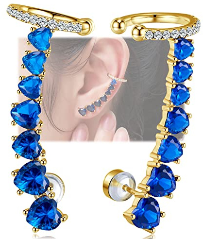 Ear Cuff Climber Earrings For Women 925 Sterling Silver Post Stud Earrings Gold Plated 7 Royal Blue Cubic Zirconia CZ Hypoallergenic Jewelry Gift