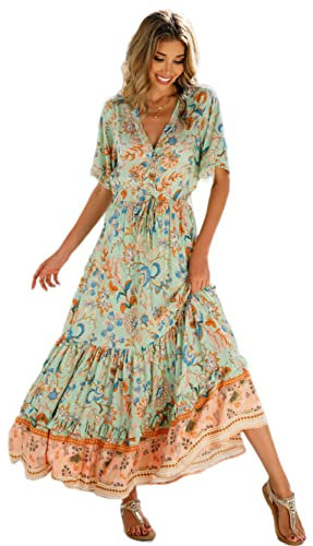 R.Vivimos Women's Summer Boho V Neck Button Up Short Sleeve Bohemian Print Ruffle Hem Beach Style Long Maxi Dress Vacation Dress(Large,Aqua-Floral)