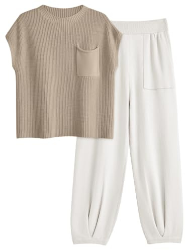LILLUSORY 2 Piece Outfits For Women Trendy Lounge Sets Cozy Knit Sweater Short Sleeve Fashion Loungewear Set, White, Medium