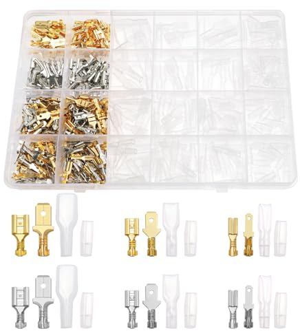 YIXISI 440 Piezas 2.8mm/4.8mm/6.3mm Terminales Eléctricos de Crimpado Kit, Cable Crimp Terminal Bloque con Aislante Manga Surtido Kit, para Cableado Eléctrico de Altavoces (Dorado + Plata)
