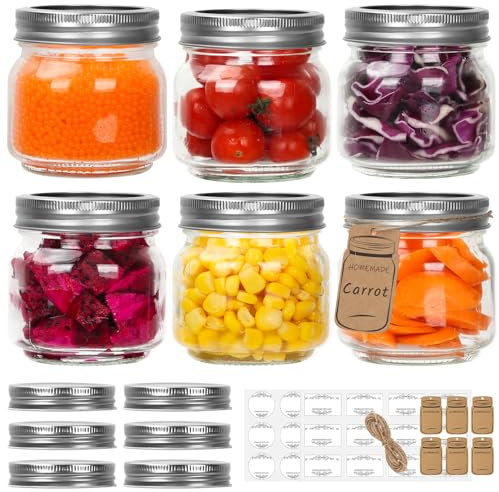 HYCKee Lot de 6 mini bocaux Mason de 236,8 g avec couvercles réguliers, avec étiquettes pour confiture, gelée, épices, miel, herbes, cadeaux de fête de mariage, bougies en verre, 23-02000-045-01-UK