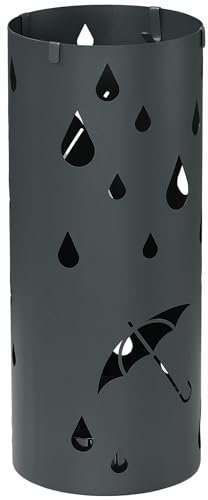 HOMCOM Galvanised Steel Umbrella Holder, Hollowed Umbrella Stand with 4 Hooks and Removable Drip Tray, Round Umbrella Basket for Hallway, Dark Grey