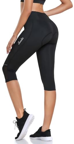Santic Women's Cycling Pants High Waist 4D Padded Cycling Capris Shorts 3/4 Biking Leggings Pants with Pockets Black