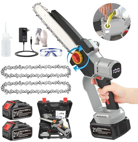 Mini Motosierra Bateria 8 Pulgadas Motosierra Batería con 2 Baterías, sin Escobillas 21V Motosierra Eléctrica con Bombas de Aceite, Bloqueo de Seguridad Izquierda/Derecha, Grey,c