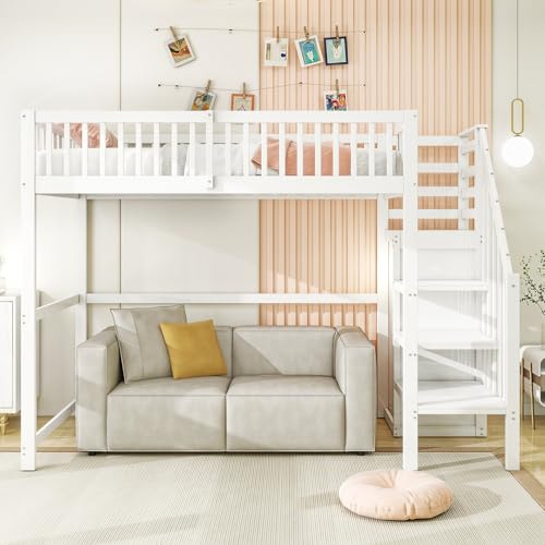 Idemon Cama alta 90 x 200 cm con escalera, cuna blanca de madera con estante de almacenamiento, armario sencillo
